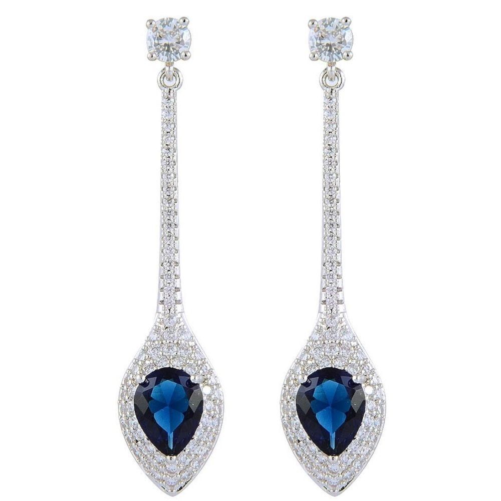18K White Gold with Blue Sapphire and White Diamond CZ Dangling Post Earrings